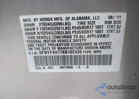 2011 Honda Pilot Ex-L из США, поврежденный, VIN 5FNYF4H77BB102426